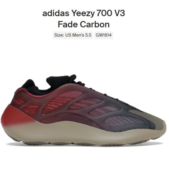 Size 5.5M / 7W - Adidas Yeezy 700 V3 Fade Carbon - GW1814 - NEW!! - Picture 1 of 7